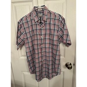 Peter Millar Short Sleeve Button Up Shirt Medium Plaid Crown Comfort Navy Pink
